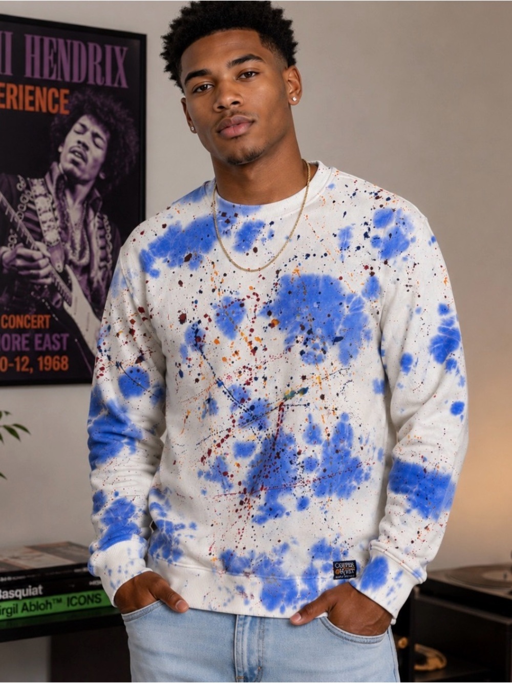 Copper Rivet Paint Splatter Crewneck Sweatshirt XL Blue White Art Streetwear NWT